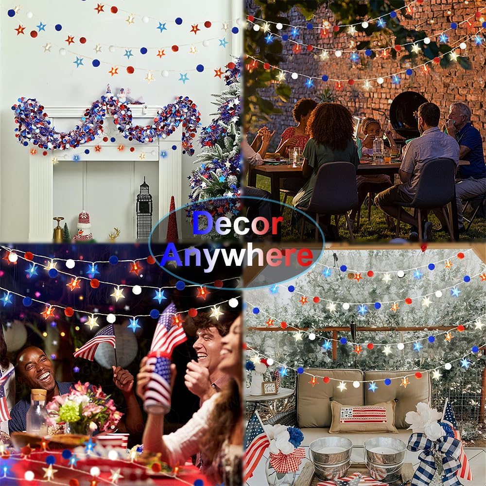 4th of July Decorations 9.85FT Red White and Blue Star String Lights Pom Pom Star Lights Battery Operated with Timer Fairy Lights for Independence Day Memorial Patriotic Fourth of July Decor for Home