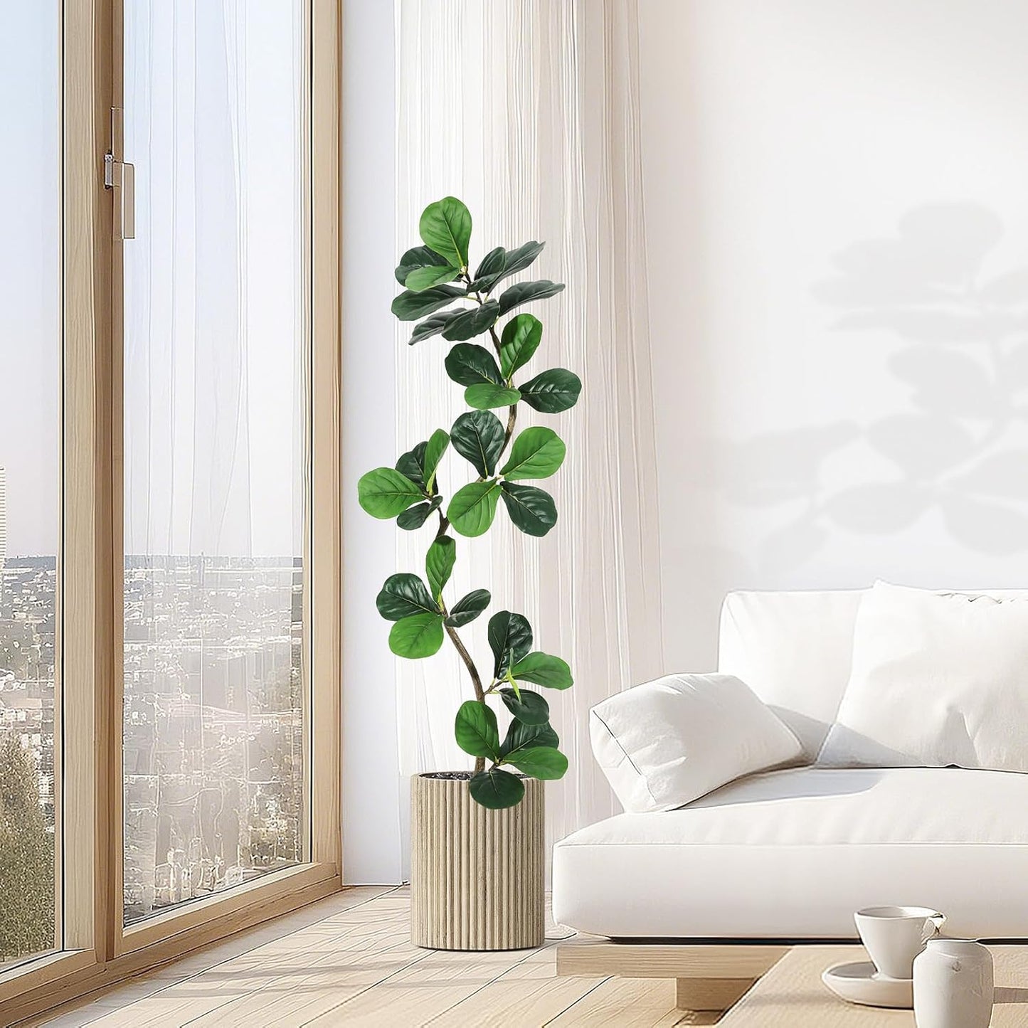 GarveeHome Fiddle Leaf Fig Artificial Tree with White Planter,5ft Faux Plants Indoor with Moss, Fake Rubber Tall Fake Floor Plant in Pot - Artificial Trees for Home Office Living Room Decor
