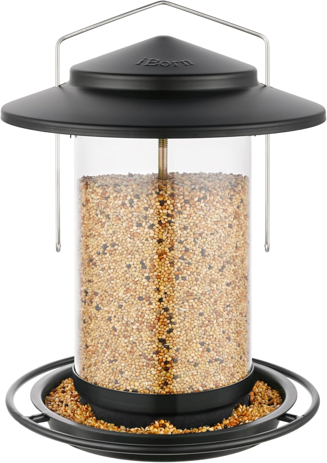 iBorn Metal Bird Feeders for Outdoors Hanging,Wild Bird Feeders for Cardinal,18cm Large Roof&Tray Black 6 Port (Seed is not Included)