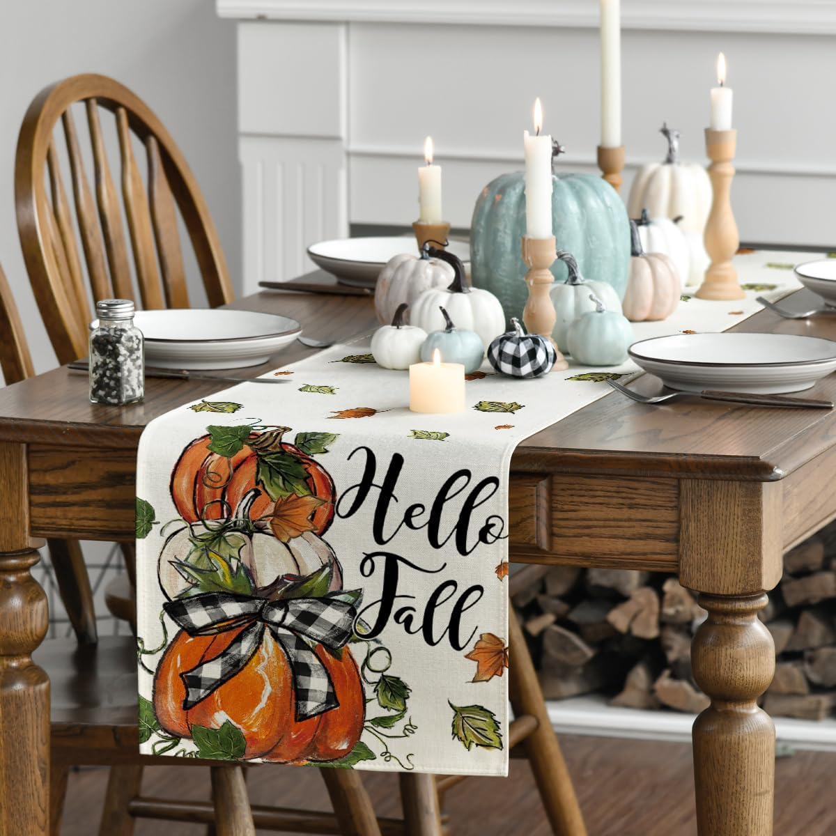 Artoid Mode Pumpkins Bowknot Maple Leaf 210 GSM Fall Table Runner, Seasonal Autumn Kitchen Dining Table Decoration for Home Party Decor 13x108 Inch