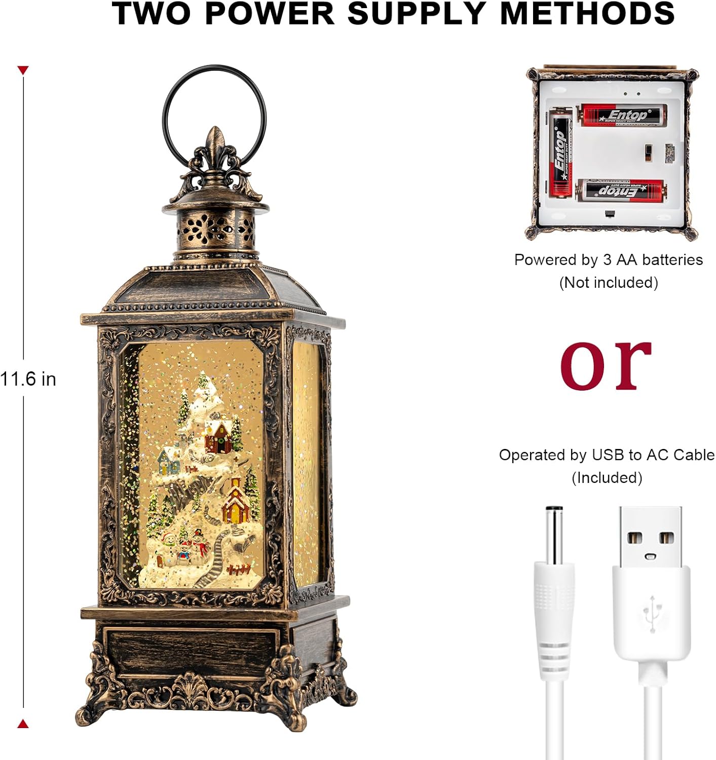 Christmas Village Buildings Snow Globe Lantern Water Glittering Snowman Family with Music & Timer, USB Lined/Battery Operated Lighted Lantern for Christmas Festival Decoration Gifts