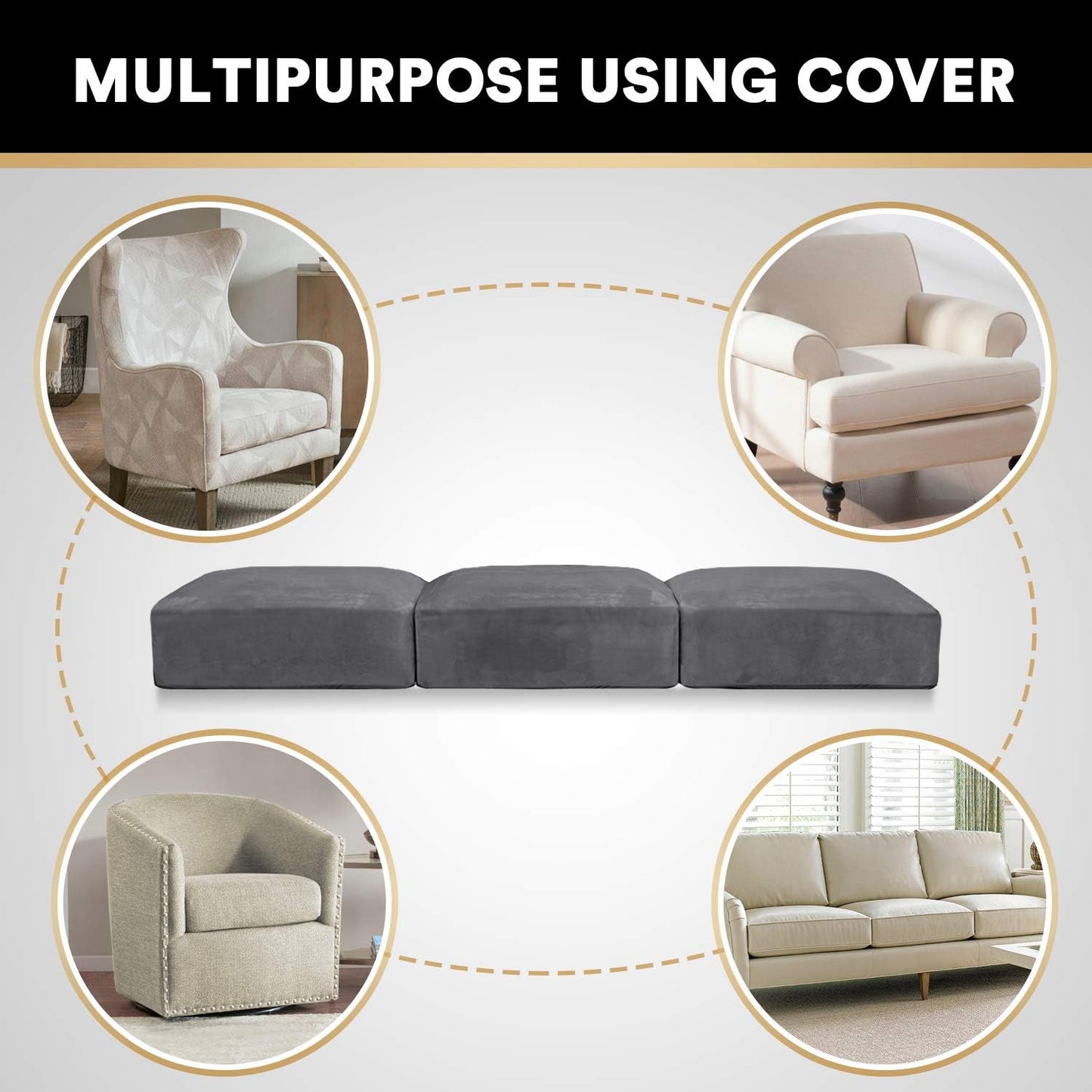 PrinceDeco Stretch Sofa Cushion Covers for Couches and Sofas,Soft Velvet Couch Seat Covers, Sofa Covers Washable, Seat Cushion Cover for 3 Couch Sofa Pet Friendly - Grey, Each Width Up to 29.5"