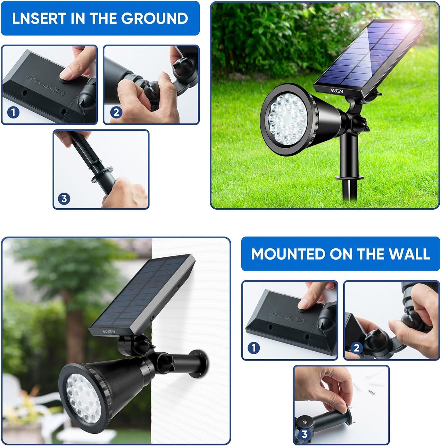 KEV 800 Lumens Solar Spot Lights Outdoor,18 LEDs Solar Flood Lights with 2 Modes &Adjustable &IPX65 Waterproof,Solar Spotlight for Driveway/Backyard/Patio Landscape/Tree/Garage(Cool White, 4 Pack)