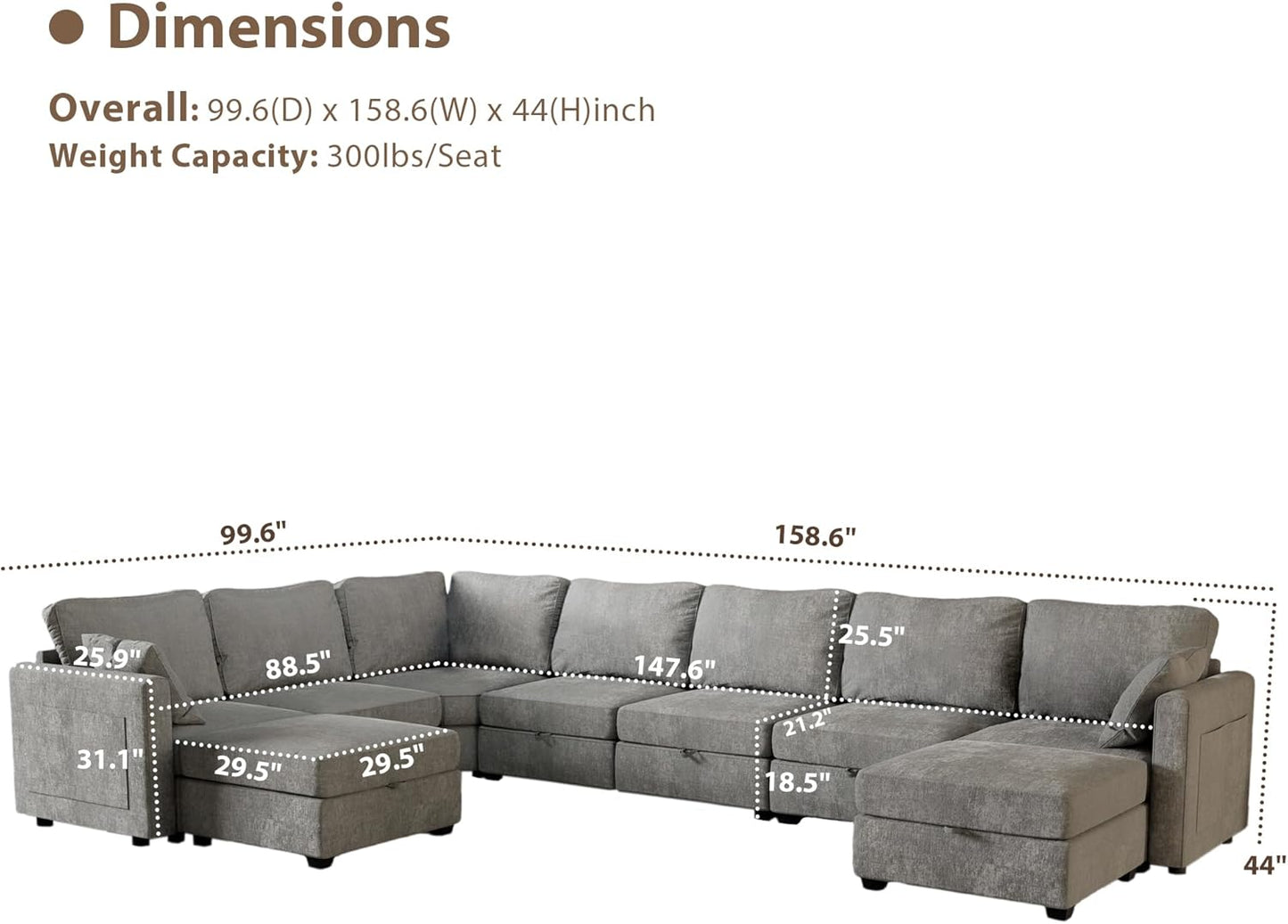 mestyl Modular Sectional Sofa Convertible Sofa Couch Set with Storage for Living Room, Modern 7 Seater Modular Sectional Couch with 2 Movable Ottoman (Grey)