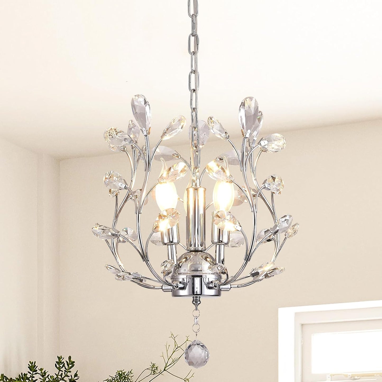 Ganeed 3-Light Branch Crystal Chandelier, Small Flush Mount Vintage Pendant Hanging Lighting, K9 Crystal Farmhouse Ceiling Light for Dining Room Bedroom Living Room Kitchen Hallway, Chrome Silvery