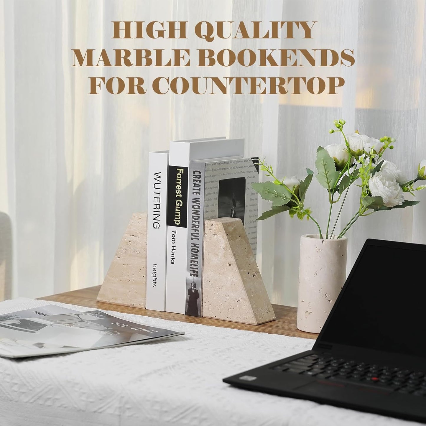 Travertine Bookends for Heavy Books, Marble Decorative Bookends for Shelves, Heavy-Duty Stone Book Ends for Hardback Book & Cookbooks, Unique Book Stopper & Holder, Travertino Italy