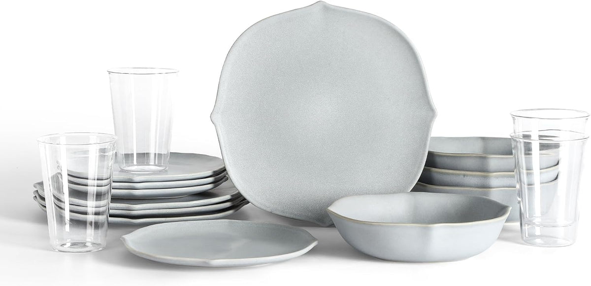 Stone Lain Baskerville 16-Piece Dinnerware Set Stoneware, Borosilicate Glass, Light Blue