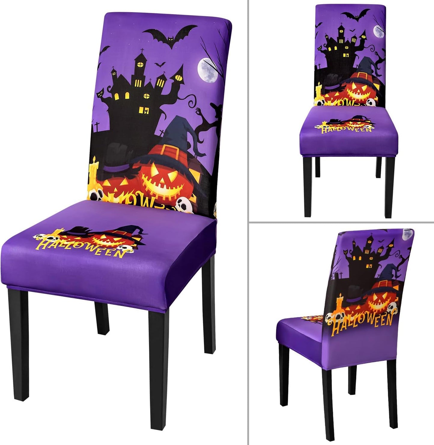 JQinHome Purple Halloween Chair Slipcover, Castle Chair Covers Set of 4, High Stretch Washable Chair Protector Cover for Dining Room, Kitchen,Home Party,Wedding Ceremony(Purple,4PC)