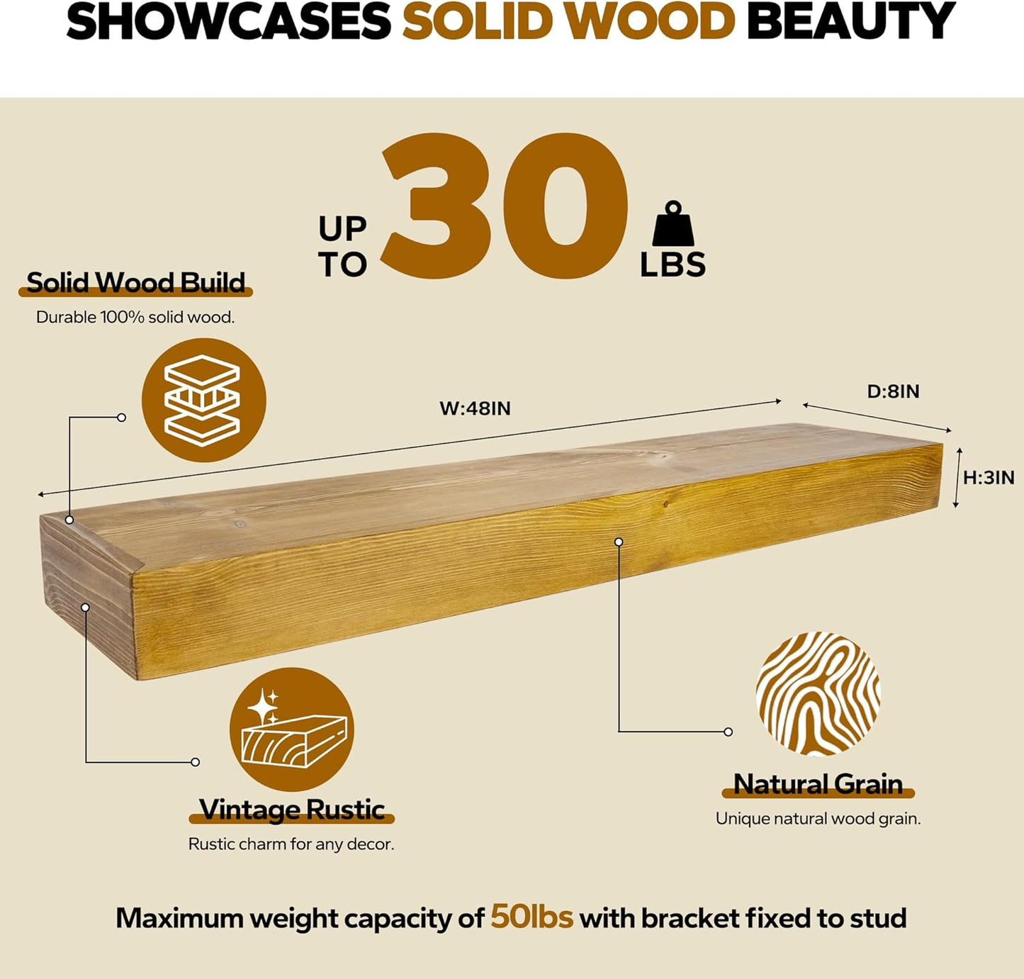 Floating Shelves 3 inch Thick for Wall Set of 2,Solid Pine Wood Wall Mount Shelf for Kitchen Living Room Bedroom Bathroom,8" D x 48" L x 3" H-Gold Oak