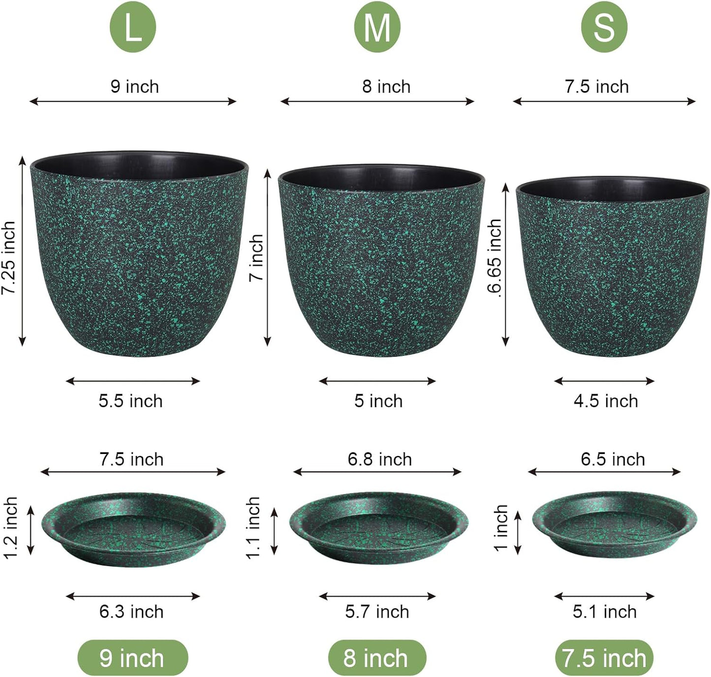 Plant Pots 9/8/7.5inch, Set of 3 Modern Decorative Plastic Planters with Drainage Holes and Saucer for Garden House Plants, Flower Pots for Indoor Outdoor Plants, Black with Green Speckles