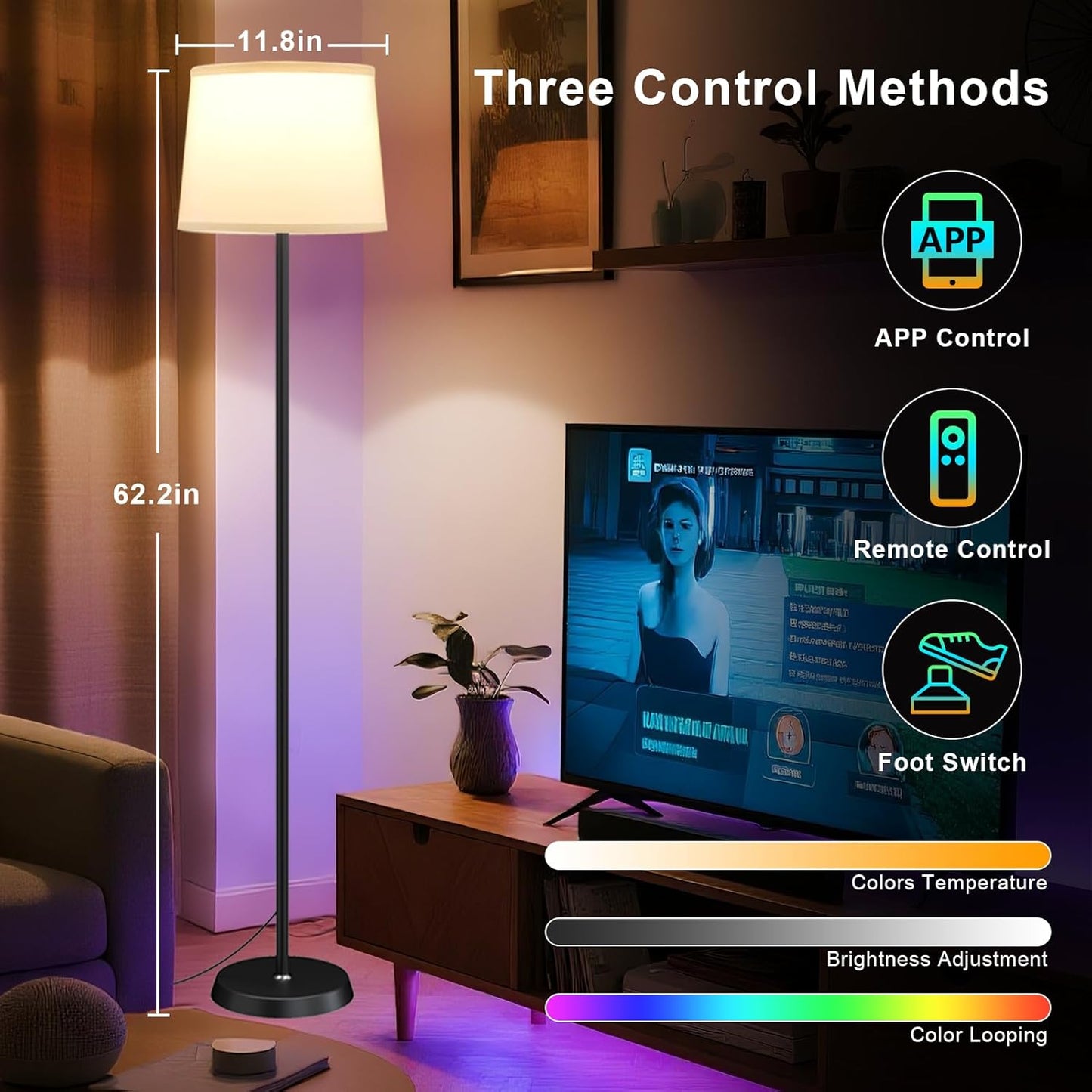 Floor Lamp for Living Room Bedroom,Modern Floor Lamp with Remote, Simple Design with White Shade,Foot Pedal Switch,Dimmable Colors Temperature,9W RGB LED Bulb