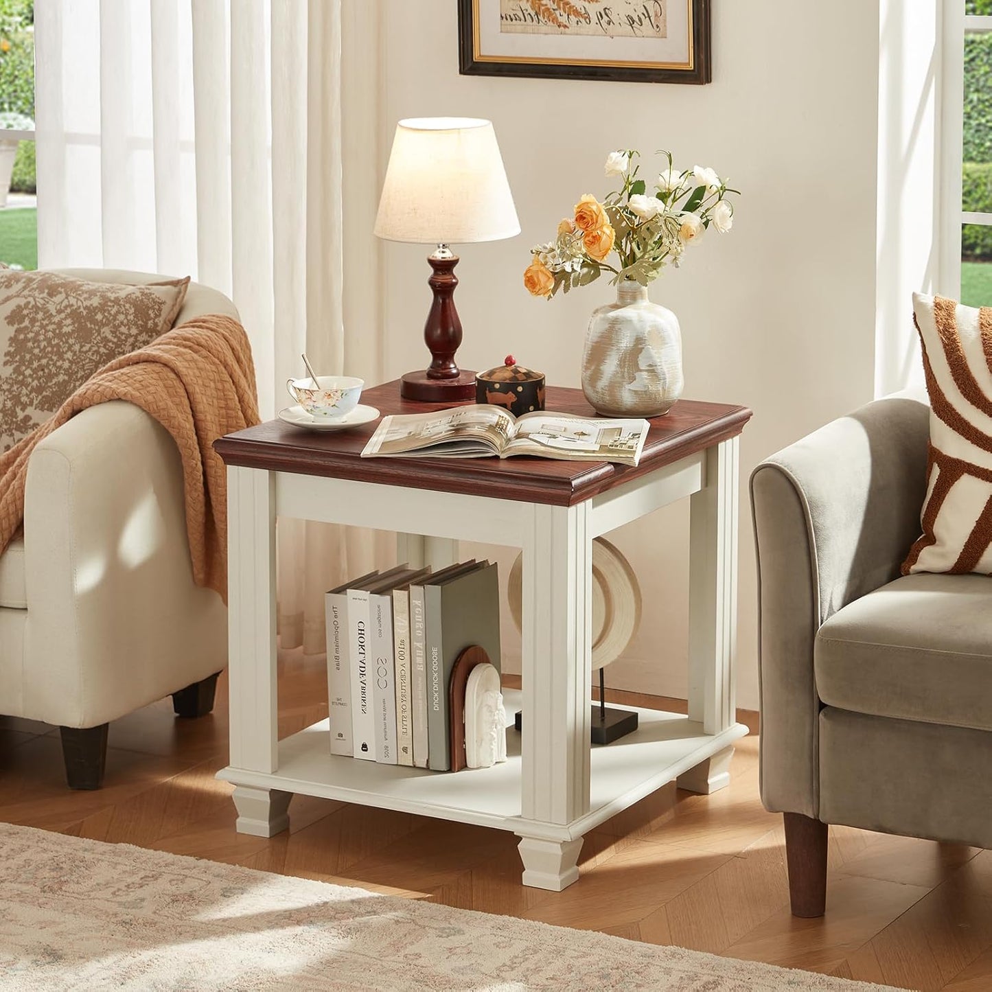 Farmhouse End Table with 2-Tier Storage Shelf, 22.8 inch Side Table for Living Room,Modern Nightstand,Small Bedside Table for Bedroom,White