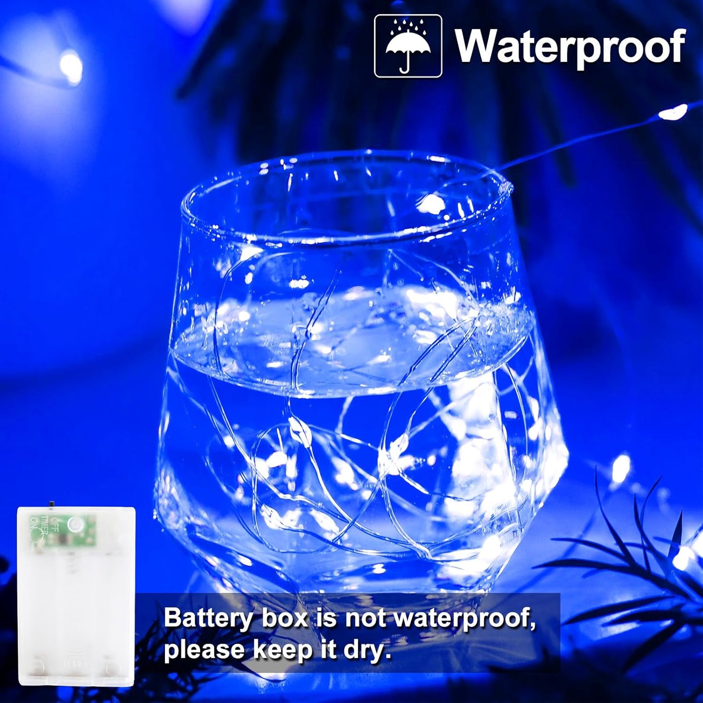 Christmas Decorations Blue Fairy String Lights, Battery Operated with Timer, 2 Pack Total 33FT 100 Led Mini Battery Powered Twinkle Mason Jar Waterproof Firefly Lights DIY Party