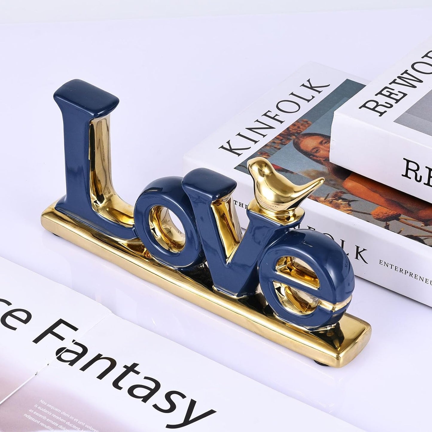 Love Sign Decoration,Blue and Gold Love Signs for Home Decor Statue,Modern Bird Sculpture Personalized Love Decor,Gold Style Figurine Decorative Ornaments for Living Room,Bedroom,Desktop,Cabinets