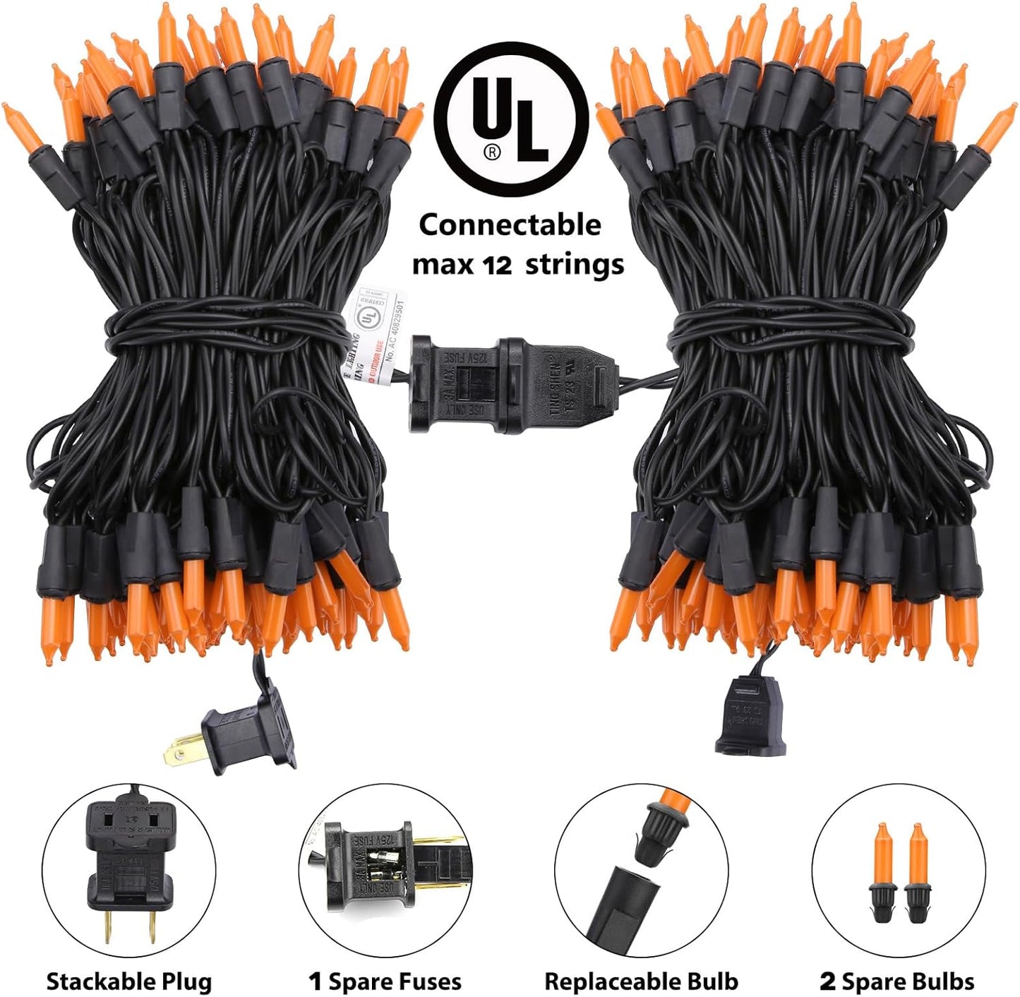 Toodour Orange Halloween Lights, 12.5ft 50 Count Incandescent Halloween String Lights, UL Certified Connectable Mini Bulbs Orange String Light for Home, Garden, Porch, Party, Indoor Decorations