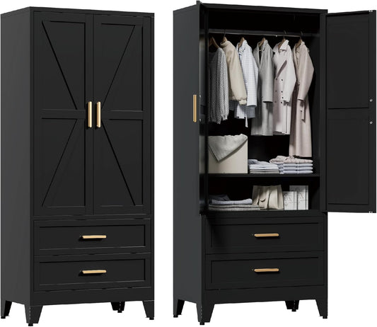 71'' Farmhouse Metal Wardrobe Cabinet with Hanging Rod, 2 Barn Door Wardrobe Closet with Adjustable Shelves,2 Drawer,for Dining Room,Bedroom,Living Room, Cloak Room,Office (Black)