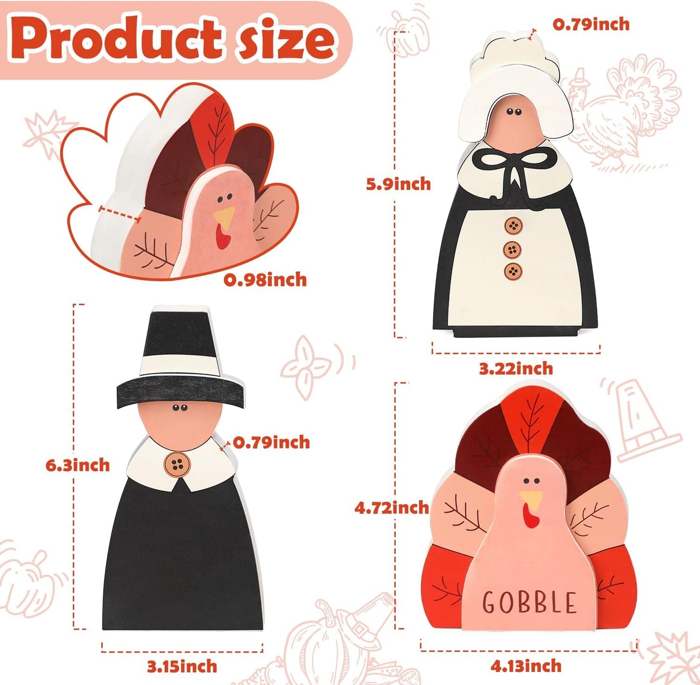 Amorita Fall Thanksgiving Decorations Wooden Turkey Pilgrim Couple Table Sign 3 Pcs Fall Thanksgiving Decor Standing Tabletop Sign Decor for Autumn Harvest - W