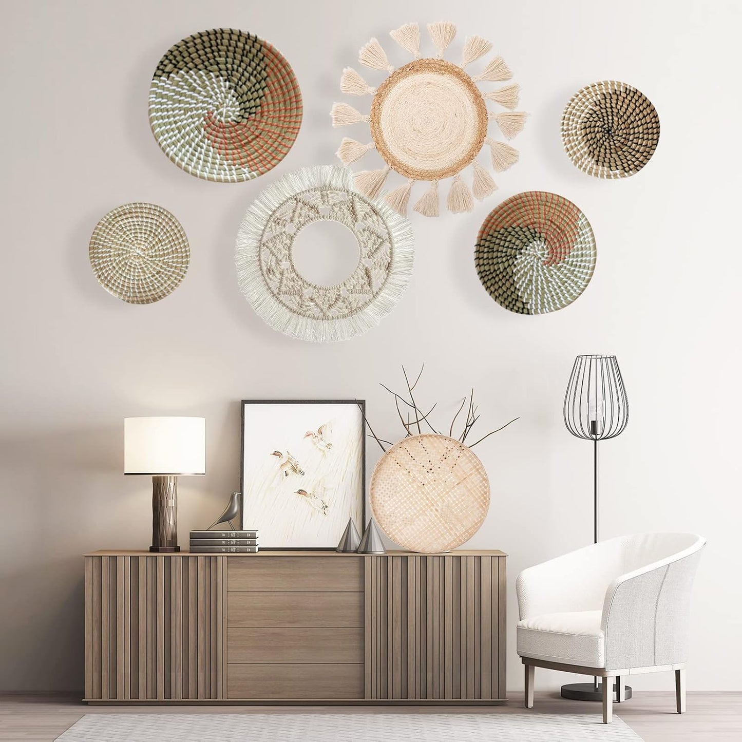 LOCS MICRAI Boho Wall Basket Decor Set of 3 - Flat Woven Basket Wall Hanging Decor,Round Tassels White Macrame Tapestry Wall Decor Art,Handmade Rattan Wicker Seagrass Home Wall Baskets Decor