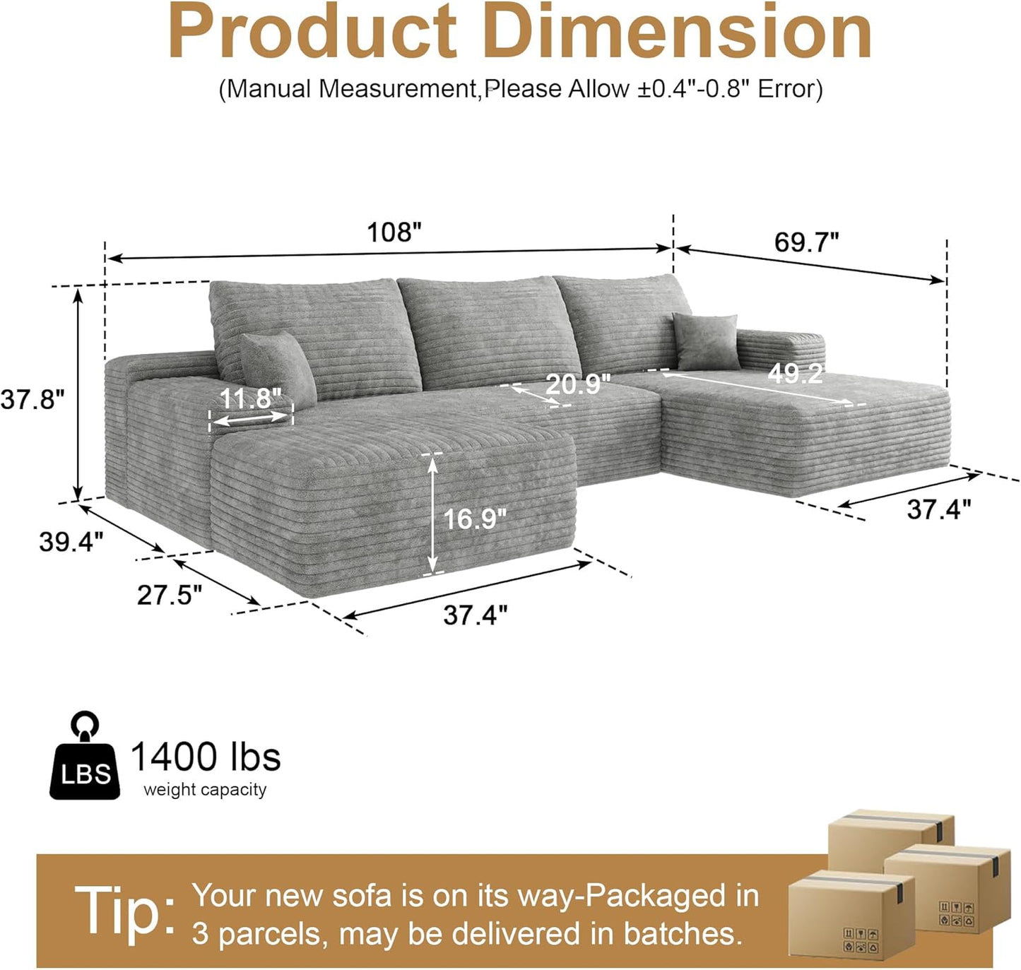 108" Sectional Couches for Living Room Modern Modular Sofa with L-Shape Couchs Upholstered Boneless Couch Deep Seat Sectional Couch with Chaise (Grey, Right Facing Chaise+2Seaters+1Ottoman)