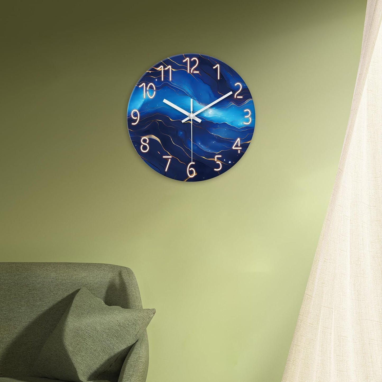 Small Wall Clocks Battery Operated 12 Inch Blue Marble Wall Clock for Kitchen Glass Analog Silent Wall Clock Non Ticking
