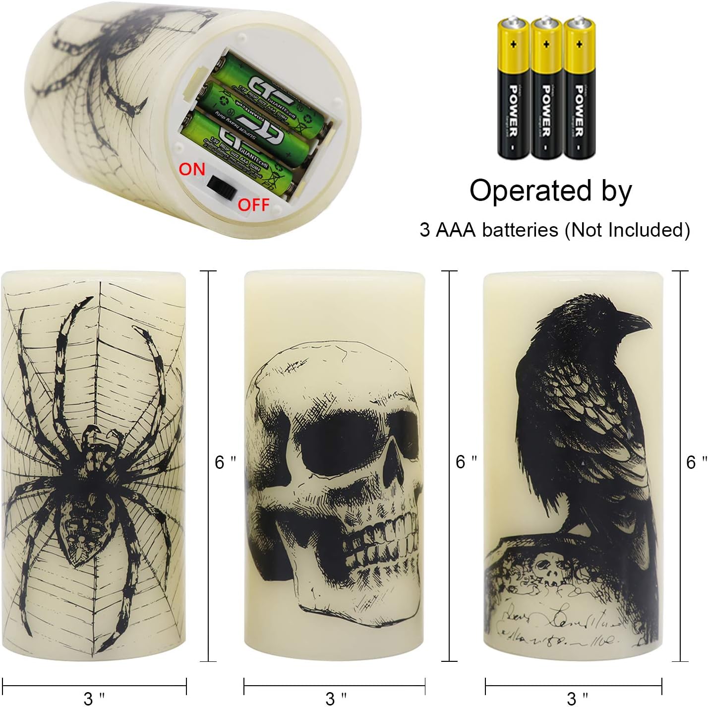 Wondise Halloween Flickering Flameless Candles with 6hrs Timer, Battery Operated LED Real Wax Candles Set of 3 Skull, Spider Web, Crow Raven Decals Halloween Home Decoration Gifts(3 x 3 x 6 Inch)