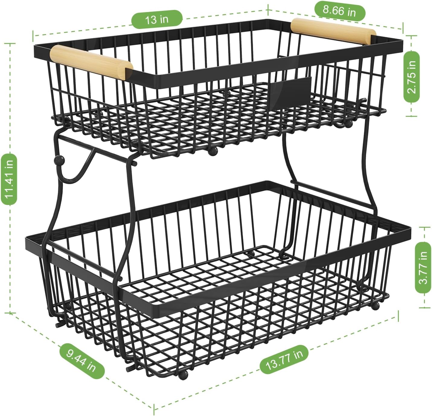 2 Tier Fruit Basket for Kitchen Counter with 2 Banana Hangers, Countertop Metal Fruit Bowl with Wooden Handle, Large Storage Stand for Vegetables, Snacks, Breads, Produce Storage – Black