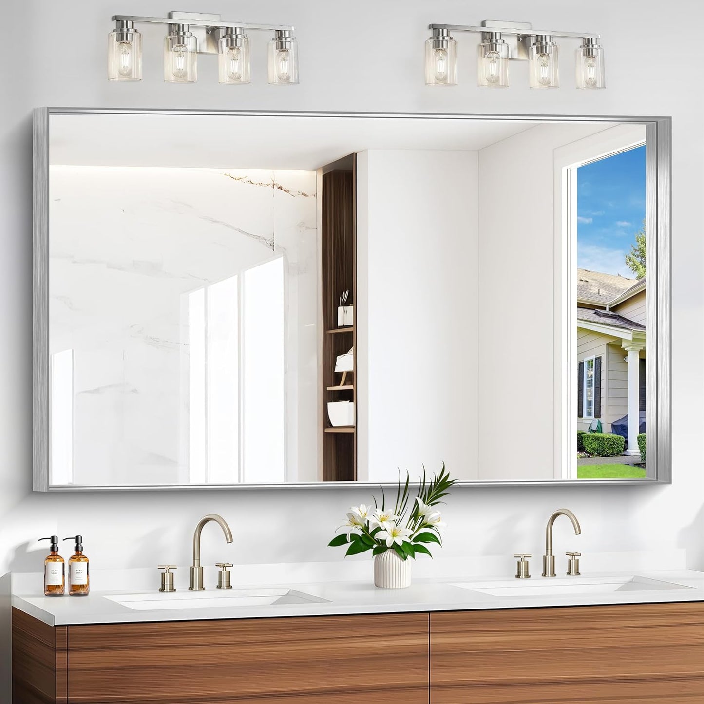 Silver Bathroom Mirror, 36x60 Inch Rectangular Deep Frame Mirror, Large Wall Mounted Bathroom Vanity Mirror Over Sink for Bedroom,Restroom, Living Room, Hangs Vertically or Horizontally