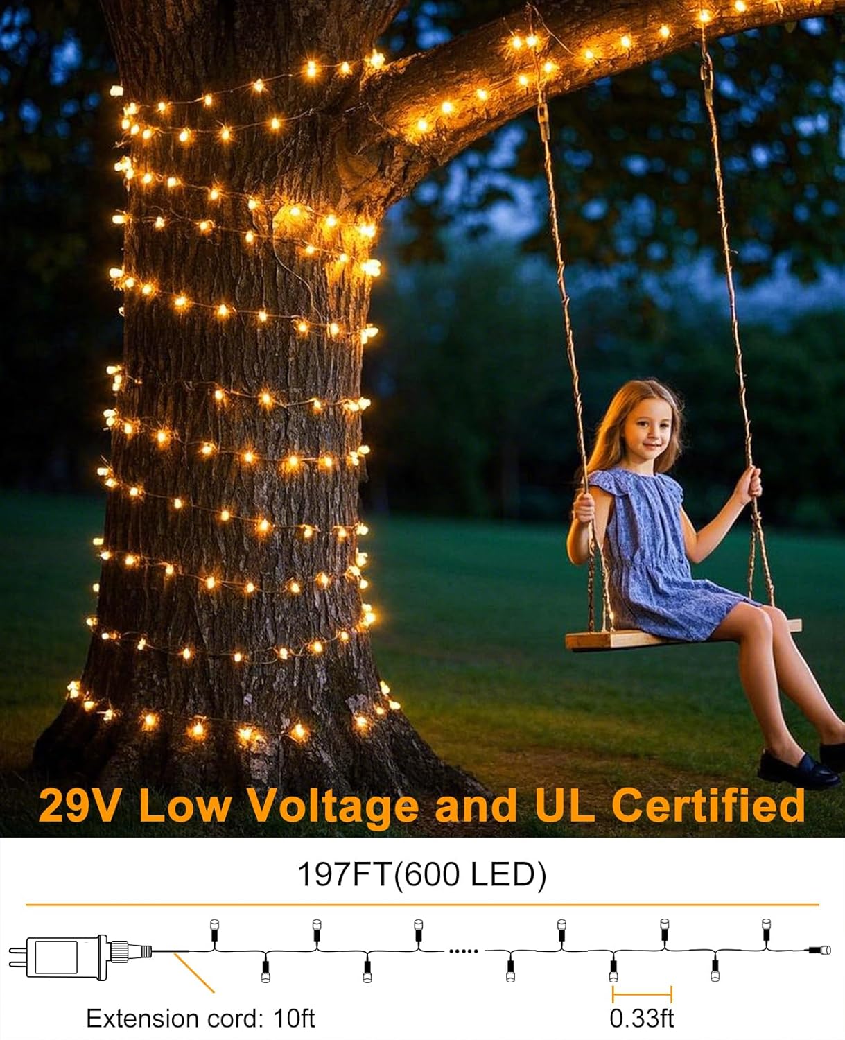 197FT 600 LED Christmas Lights Outdoor, Plug in Christmas Tree Lights Waterproof, 8 Modes Warm White String Twinkle Lights for Indoor Classroom Patio Garden Party Wedding Holiday Decorations
