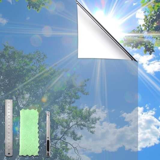 DUOFIRE One Way Window Film Privacy See Out Not in Heat Blocker Window Tint Reflective Mirror Windows Tinting Film for Home Static Cling Anti-UV Sun Blocking Windows Covering（Silver, 17.4x78.7in）