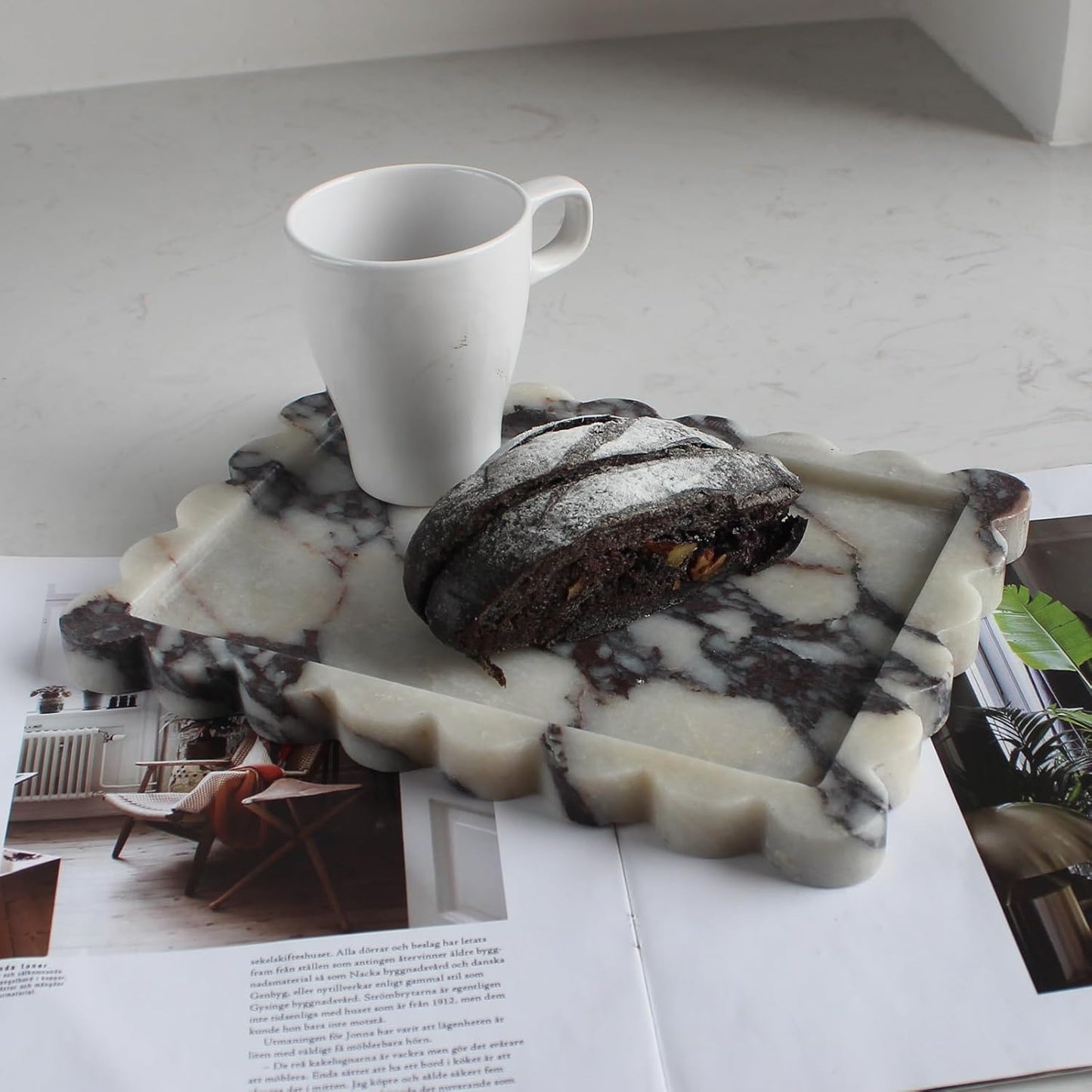 Natural Luxury Scalloped Marble Tray 10.8"x8", Rectangle Vanity Tray for Bathroom Kitchen Counter, Decorative Tray for Dresser Home Decor (calacutta Purple)