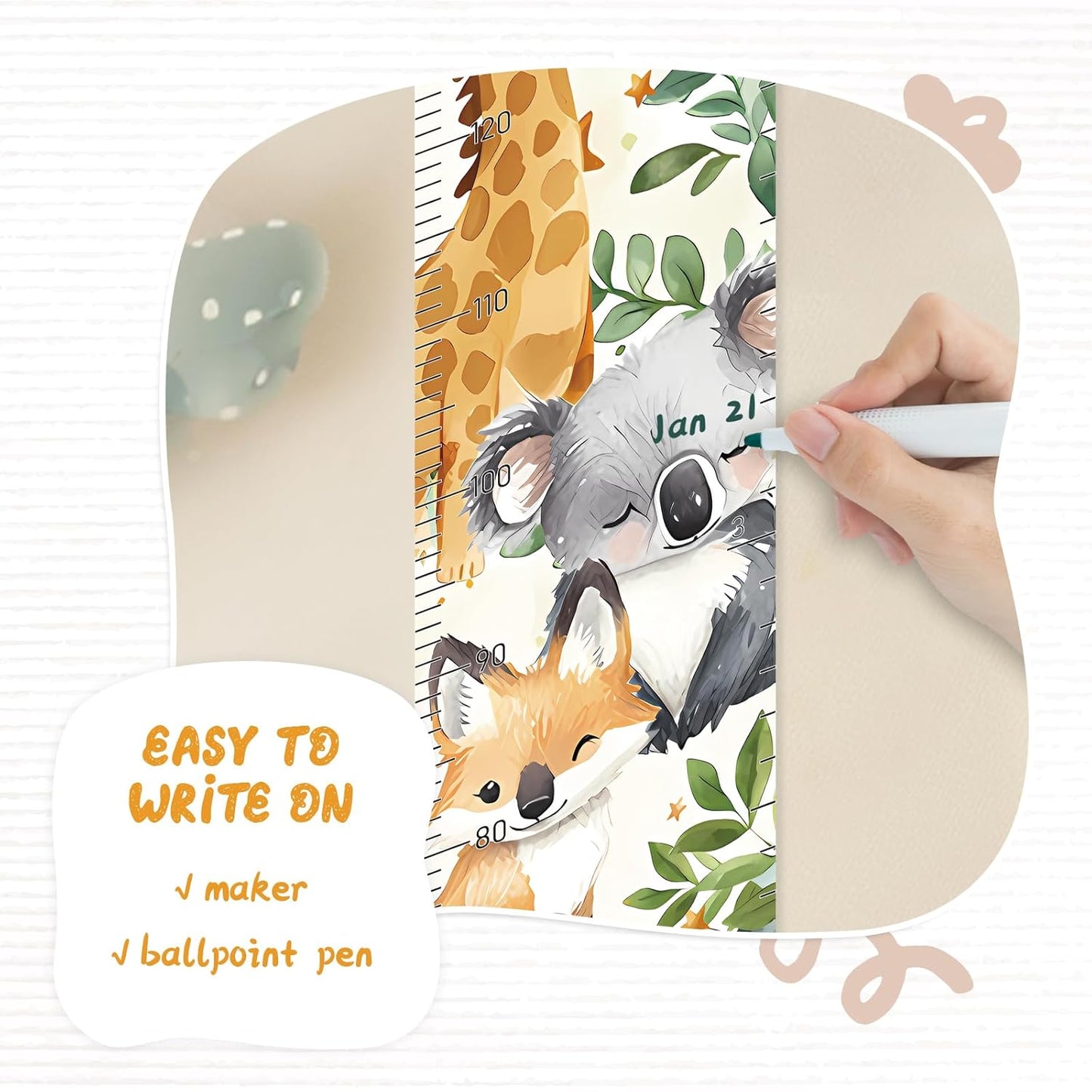 Personalized Name Growth Chart Wall Decor for Kids – Canvas Removable Height Chart Measuring Ruler 59" x 7.9" (Cute Animals)