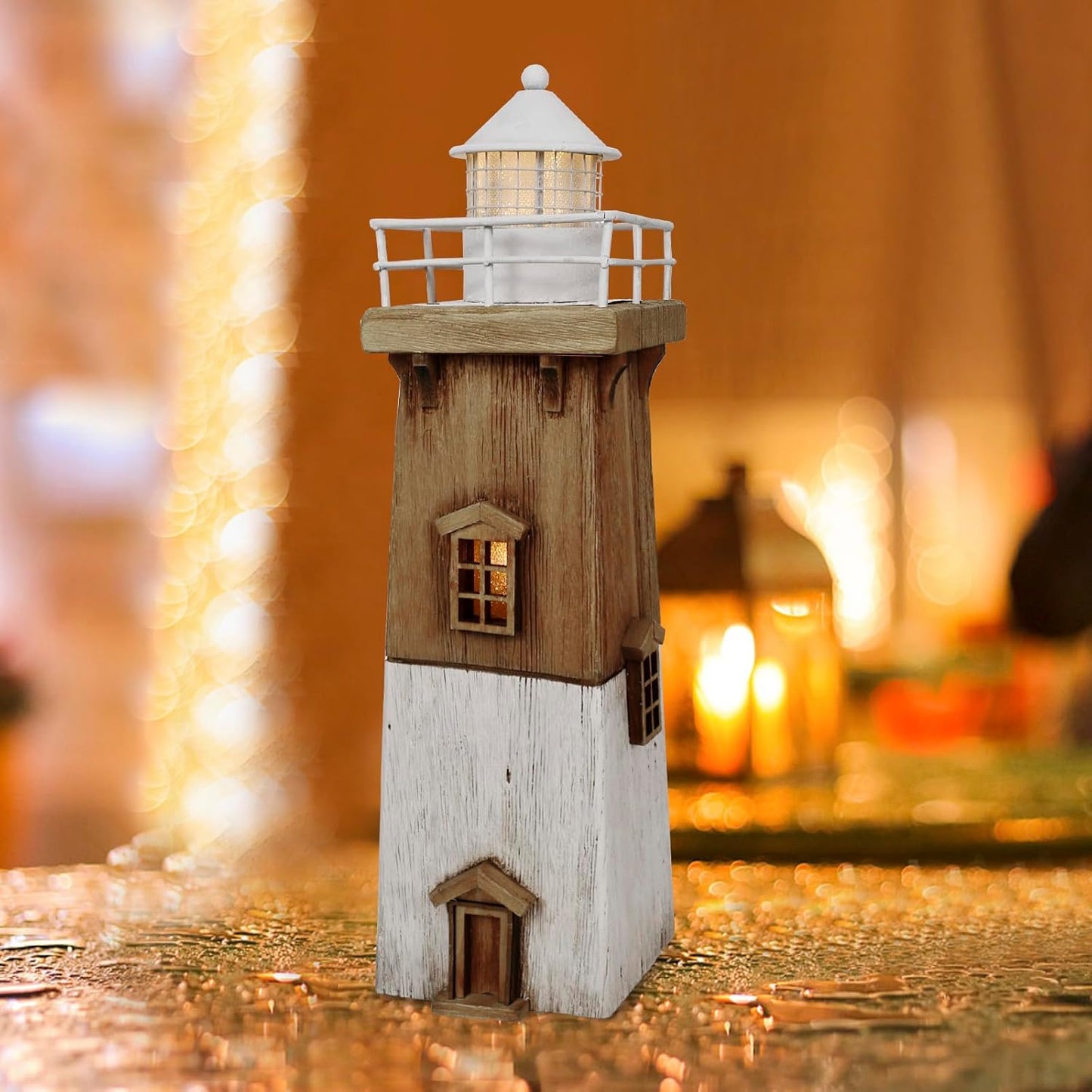 Linfevisi Wood Lighthouse Decor Rustic LED Light House Decor Wooden Decorative Nautical Lighthouse Statue Coastal Beach Themed Lighthouse Handcrafted Tabletop Decoration Home Bathroom (13.78")