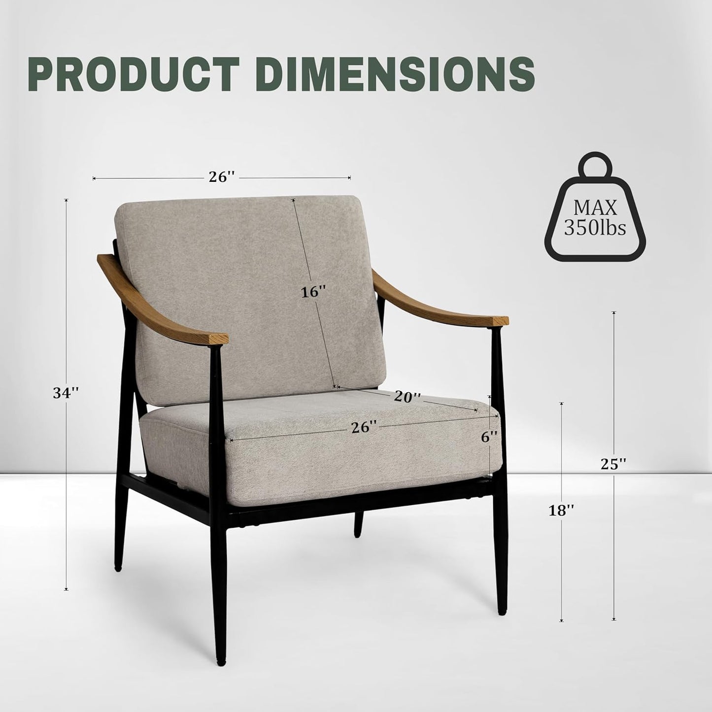 Modern Accent Chair for Living Room Bedroom Mid Century Arm Chair Upholstered Office Accent Chair Comfy Waiting Room Chair with Metal Frame, Grey