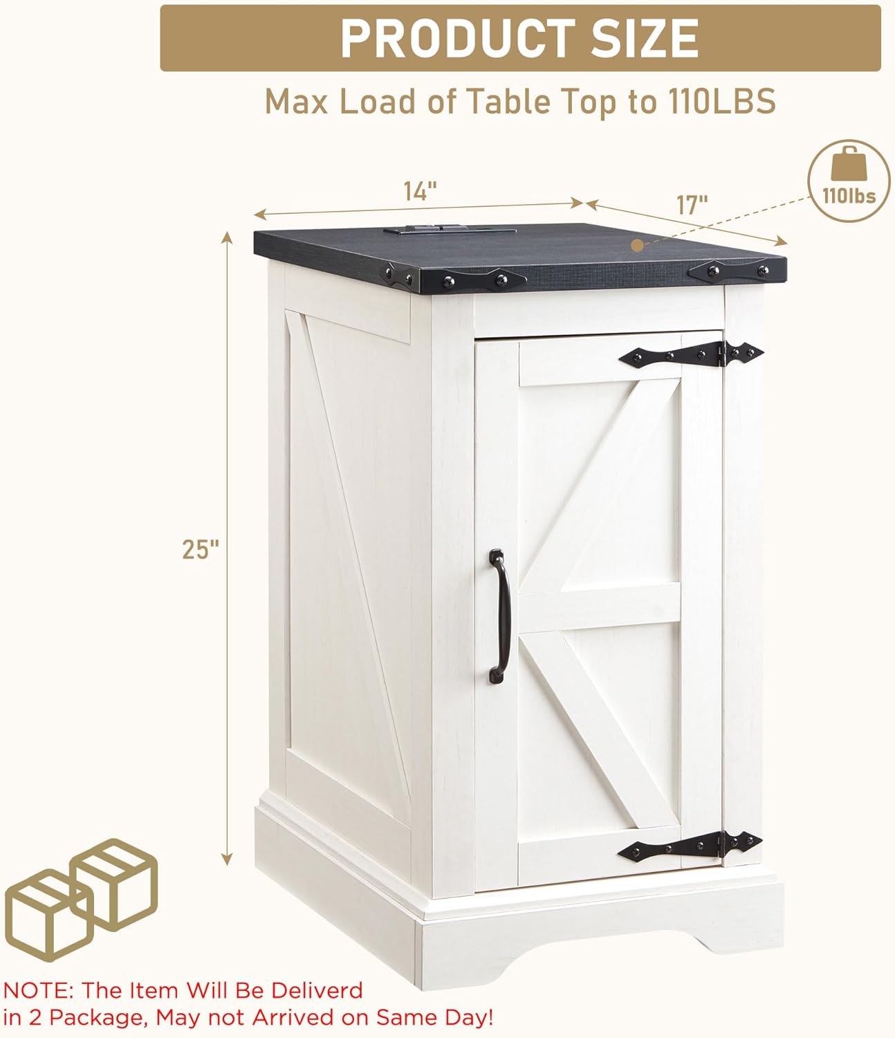 JXQTLINGMU Farmhouse Nightstand Set of 2 with Charging Station, 17" D Rectangular End Table with Barn Door & Adjustable Storage Shelf, Wood Rustic Sofa Side Table for Living Room, Bedroom, White