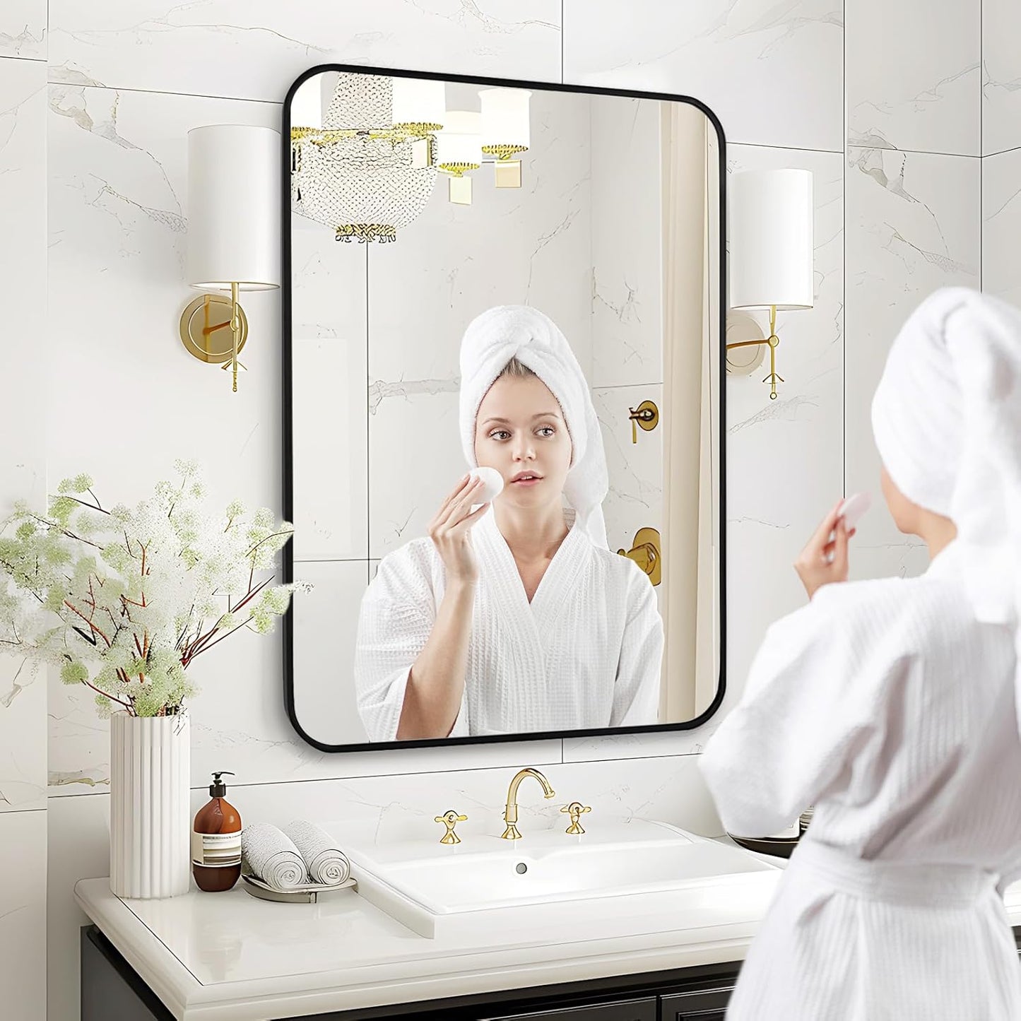 Fabuday Black Wall Mirror for Bathroom Over Sink - 22x30 Matte Metal Framed Rectangle Mirror, Rounded Rectangular Vanity Mirrors for Living Room, Bedroom, Entryway, Hallway, Horizontally/Vertically