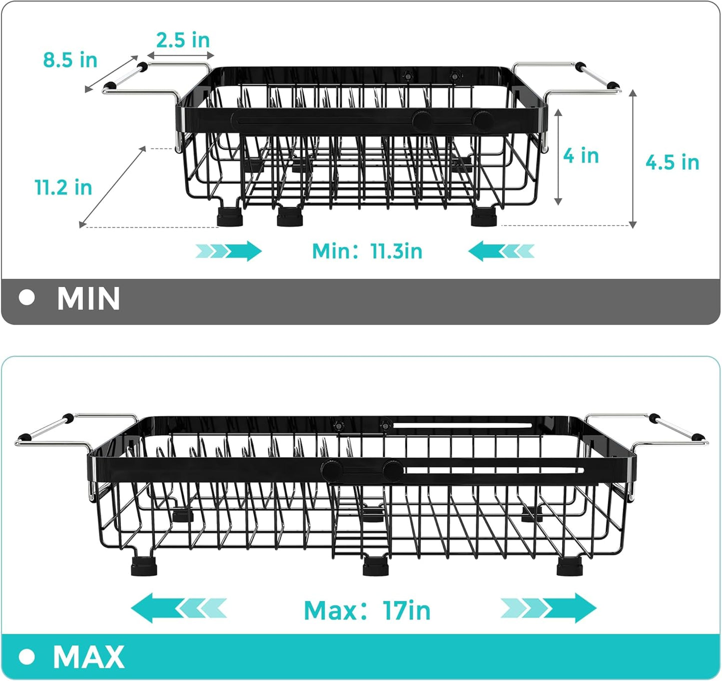 MAJALiS Dish Drying Rack in Sink -Expandable Stainless Steel Over Sink Dish Rack (11.3''-17''), Adjustable Capacity Dish Strainers for Kitchen Sink Counter with Utensil Holder, Black