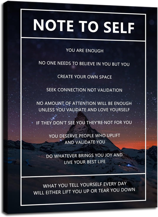 Note to Self Motivational Canvas Wall Art Snow Mountain Starry Sky Inspirational Poster Inspiring Canvas Painting Prints Wall Pictures for Home Decor Living Room Office Framed Artwork [18''W x 24''H]