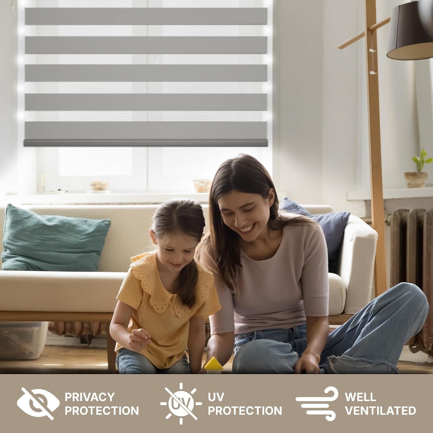 HESTIA Cordless Zebra Blinds Light Filtering Roller Shades UV Blocking Blackout Privacy Indoor Window Blind for Home Office Day and Night, Beige,45" W x 48" H