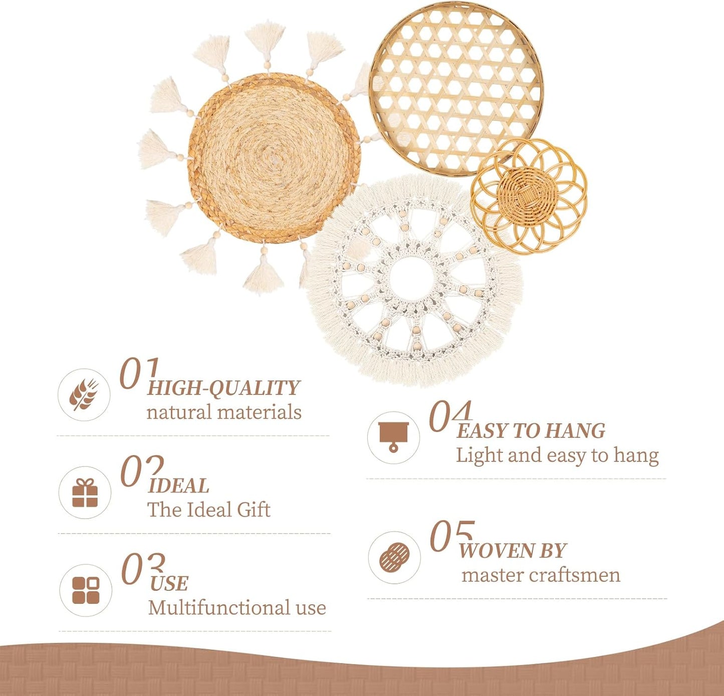 Boho Wall Basket Decor Set of 4 - Flat Woven Basket Wall Hanging Decor,Round Tassels White Macrame Tapestry Wall Decor Art,Handmade Rattan Wicker Seagrass Home Wall Baskets Decor(Wooden Beads Style)