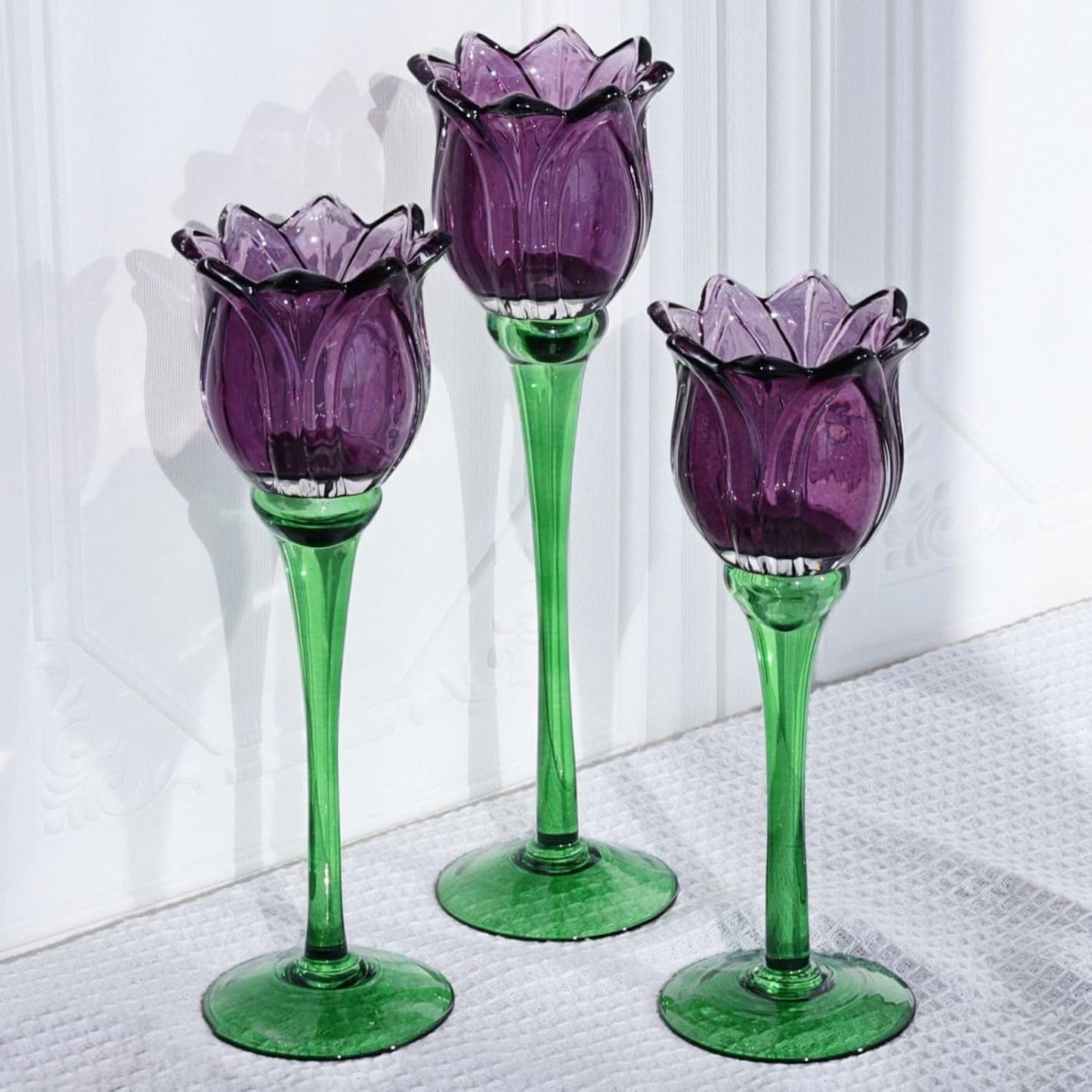 VOHO 6pcs Purple Tulips Candle Holders Gifts for Halloween, Thanksgiving, Easter, Elegant Purple Tealight Candle Holder for Modern Room Decor, Glass Tulip-Like Tea Lights Holder Wedding Holiday Table