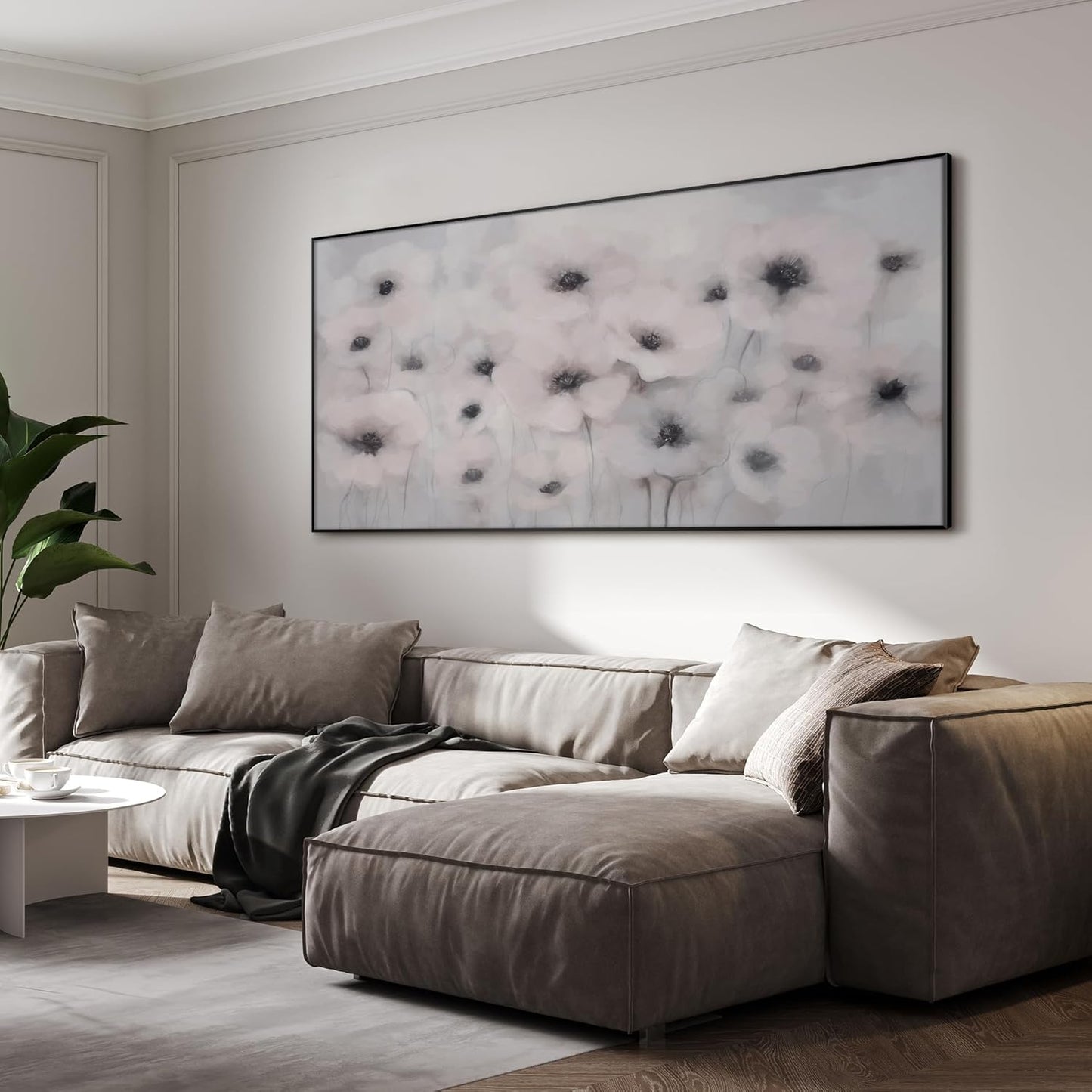 24"x46" Extra Large Framed Wall Art Soft White Poppies Watercolor Floral, Delicate Botanical for Home Living Room Bedroom Decor (Frame Assembly Required)