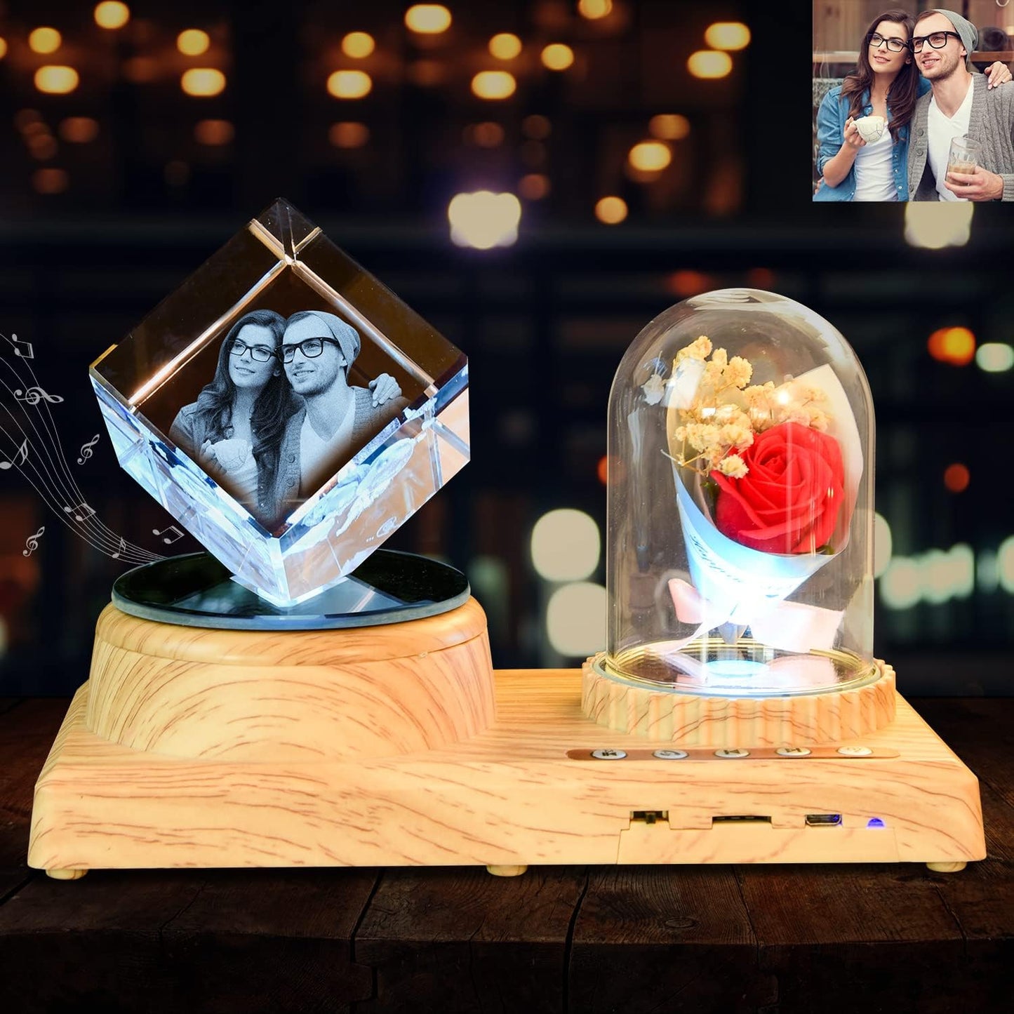 Personalize Your Photo Crystal Night Light with Music Bluetooth Rose Idea Gifts for Christmas Kids Boys & Girls Women Birthday Gifts with Led Colourful Light Base