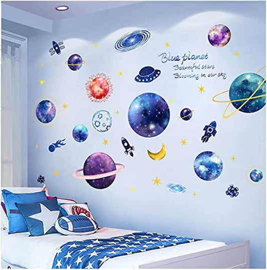 Quanhaigou Blue Purple Galaxy Wall Decals, Removable Sticker,The Art Magic 3D Milky Way Cosmic Stars Spacecraft Dreamscape Home Decor for Bedroom Living Room Floor Ceiling Kids Room
