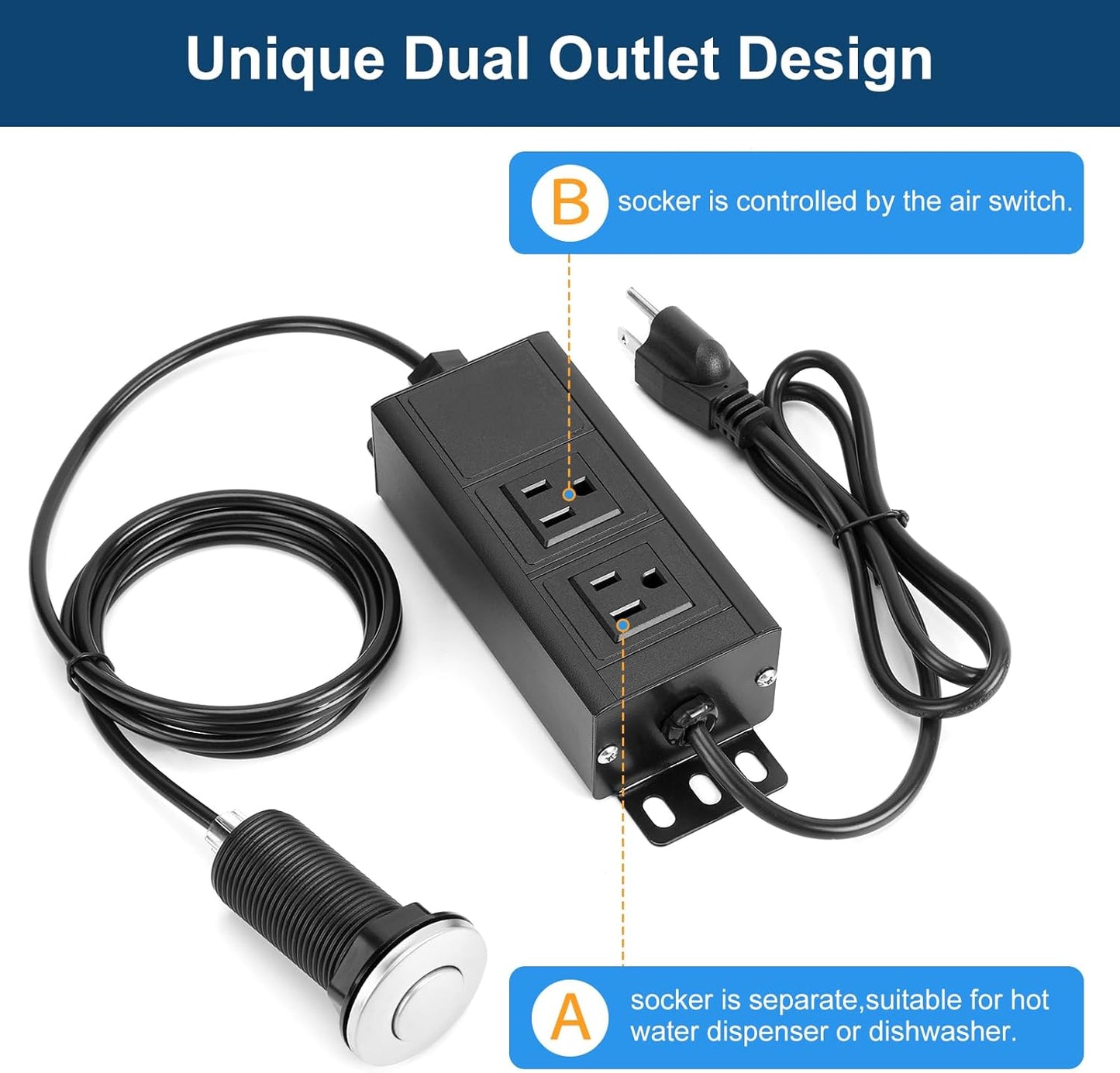 Dual Outlet Garbage Disposal Air Switch Kit, UL Listed Sink Top Air Switch for Food Waste Disposal, 3.58” Extra Long Air Button, Brushed Stainless Steel