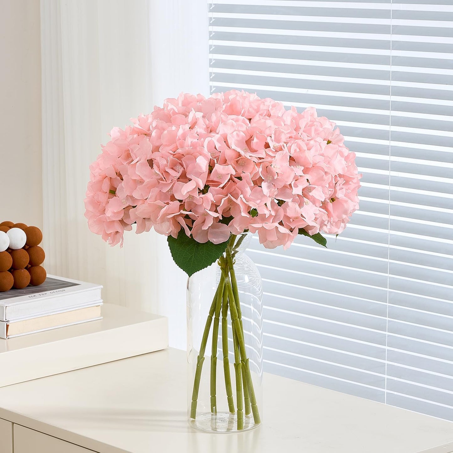 8Pcs Blush Fake Flowers Silk Hydrangea Artificial Flowers Bouquets Faux Hydrangea Stems for Home Table Centerpieces Wedding Party Decoration