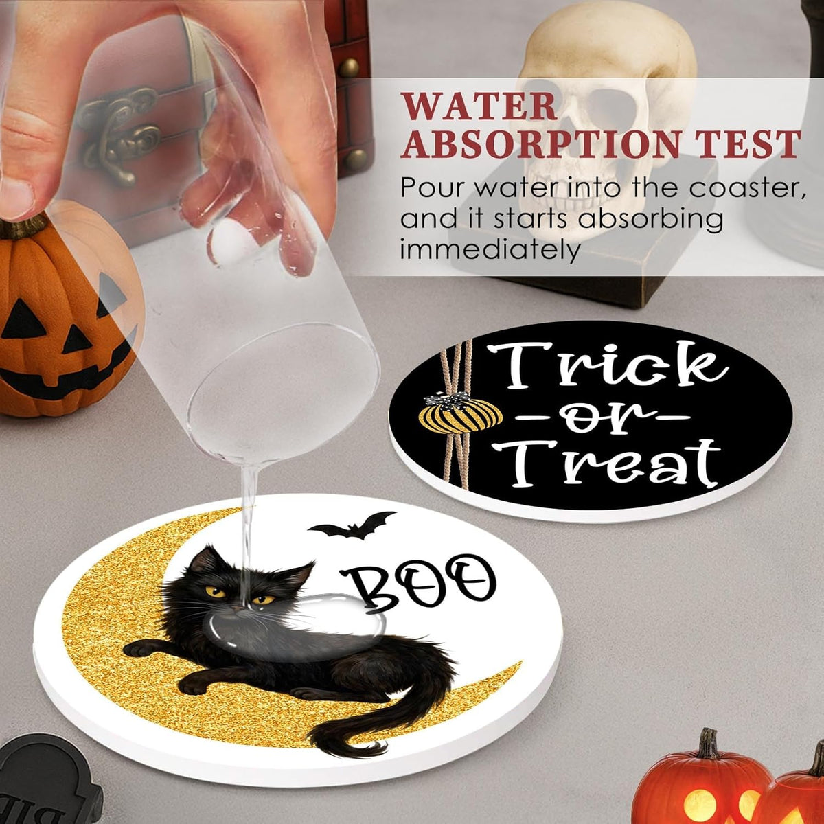 Coaster for Drinks Set of 6, Halloween Boo Black Cat Trick or Treat Spooky Pumpkin Bat Absorbent Round Ceramic Stone Mat, with Cork Base and Metal Holder, Gift for Housewarming Room Bar Decor