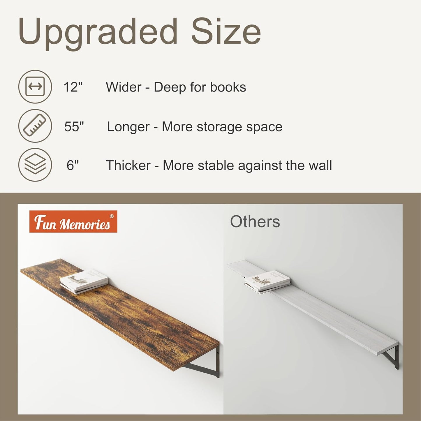 Fun Memories Deep Floating Shelves, 55W x 12D Floating Shelves for Wall, Wood Floating Shelf with Bracket, Wide Display & Storage Wall Shelves for Living Room, Bedroom, Rustic Brown