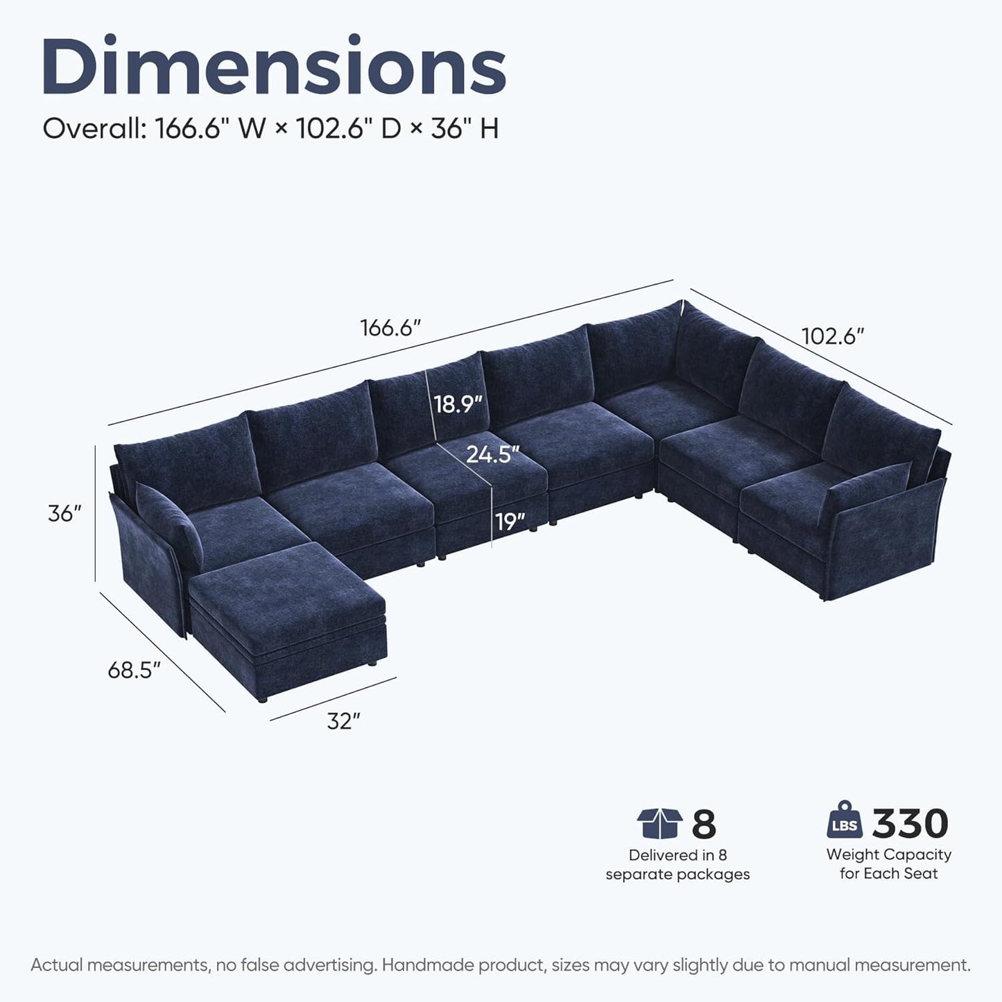 166.6" Oversized Modular Sectional Sofa, U Shaped Convertible Couch with Movable Ottoman, Large 8 Seat Corner Couches for Living Room Deep Seat Blue Chenille