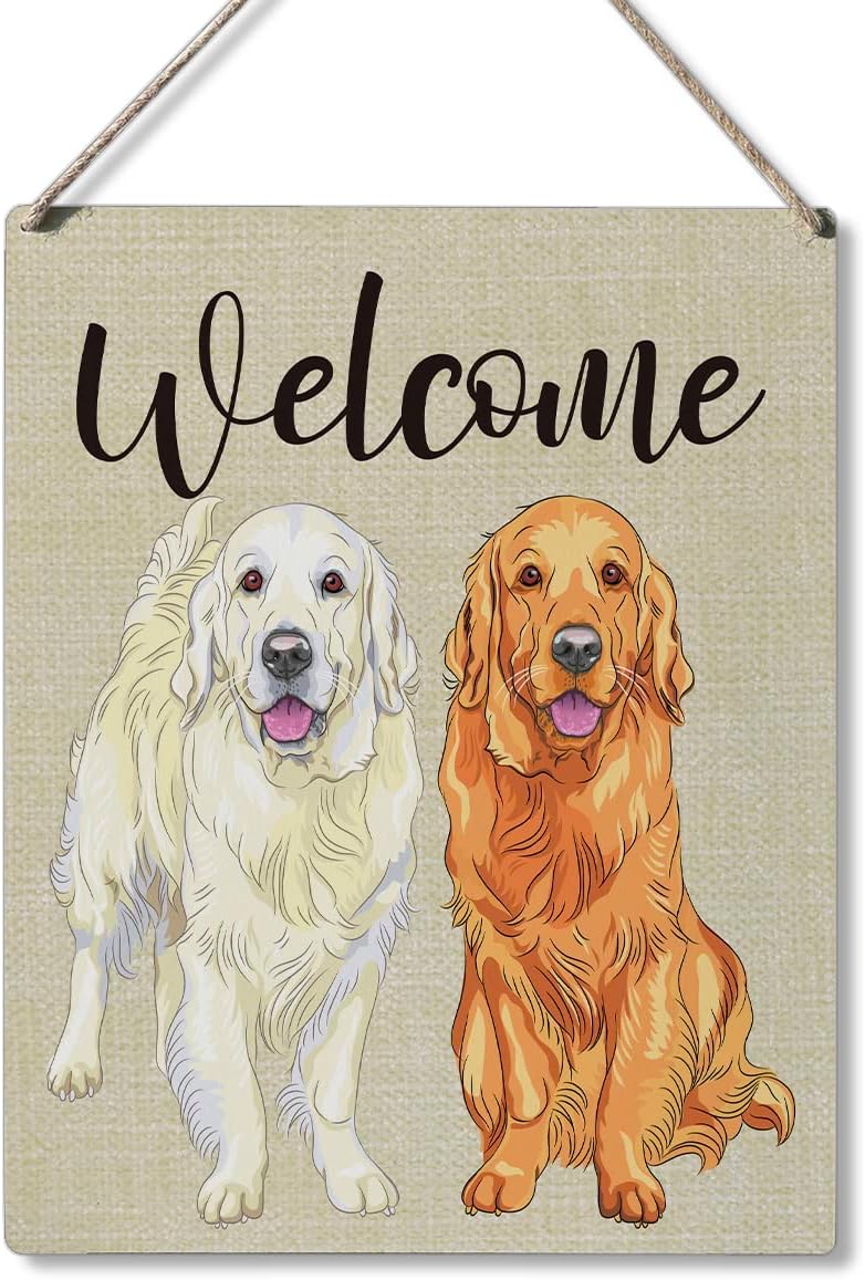 Qious Welcome Sign Gift Farmhouse Welcome Golden Retriever Wooden Hanging Sign Plaque Modern Wall Art Decor for Home Decoration 10 x 8 Inches