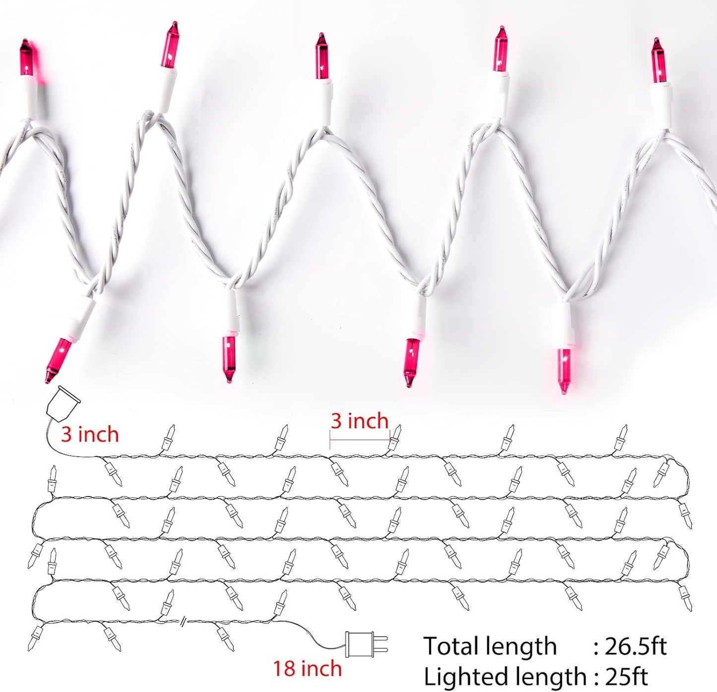 Pink String Lights with 100 Clear Bulbs on White Wire - 26.5 FT Waterproof Connectable Mini Tree Lights for Indoor Outdoor Use Party Holiday Patio Decorations